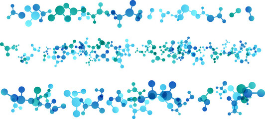 Dividers with molecules, data or other tech structure elements. Pharmacy, biotechnology or chemistry design concept. Vector decoration element in green and blue colors