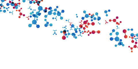 Wavy effect with molecules, data or other tech structure elements. Pharmacy, biotechnology or chemistry design concept. Vector decoration element in red and blue colors