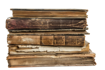 stack of old historical books isolated on white or transparent png