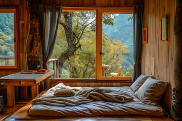 A room with a bed, table, and window, offering both comfort and scenery.