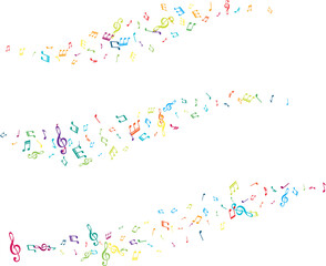 Wavy dividers from flying music notes. Vector decoration element in rainbow colors.