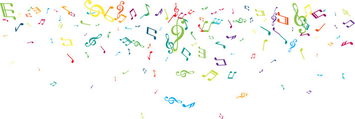 Top border from flying music notes. Vector decoration element in rainbow colors.