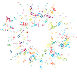 Circle frame from flying music notes. Vector decoration element in rainbow colors.