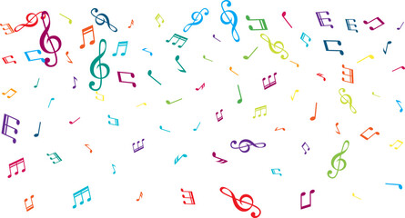 Textured background from flying music notes. Vector decoration element in rainbow colors.