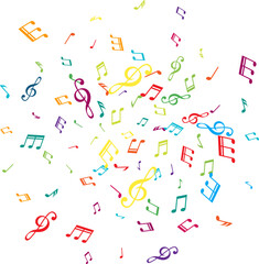 Circle from flying music notes. Vector decoration element in rainbow colors.