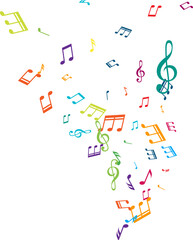 Vertical effect from flying music notes. Vector decoration element in rainbow colors.