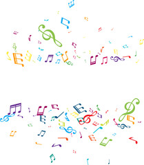 Borders from flying music notes. Vector decoration element in rainbow colors.