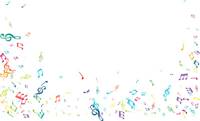Frame from flying music notes. Vector decoration element in rainbow colors.