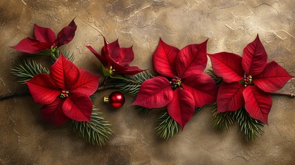 Fir tree twigs and poinsettia flowers on a simple background with copy space