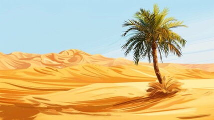 Beautiful desert landscape with sand dunes and one lonely palm. Travel in desert. Nature background.