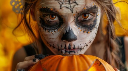 Artistic close-up of a girl featuring exquisite skull face paint