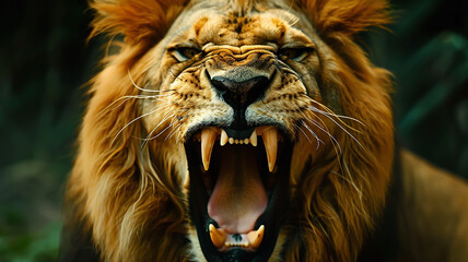 Naklejka premium Dangerous roaring lion, wild African predator close-up