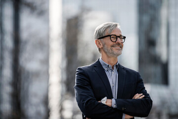 Smiling grey-haired businessman outdoors