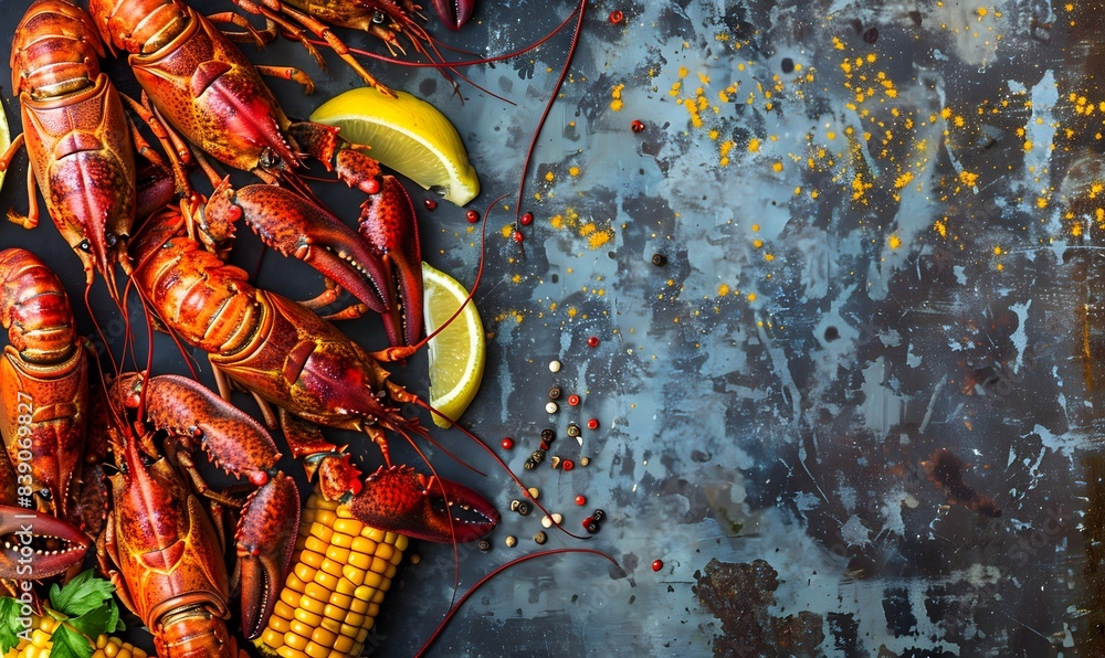 Wall mural Southern Crawfish Boil with Cajun Spices on Homemade Seafood , Generative AI