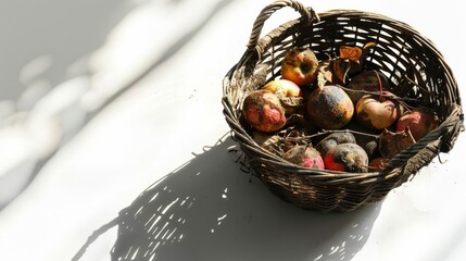 A wicker basket filled with rotten fruits and flies buzzing around, isolated on a white background, decayed and unsightly, perfect for themes of waste and neglect