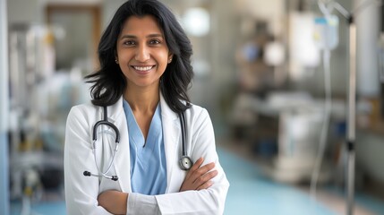 Confident Middle-Aged South Asian Female Doctor in Modern Hospital Setting for Healthcare, Medical Advertising, and Professional Representation