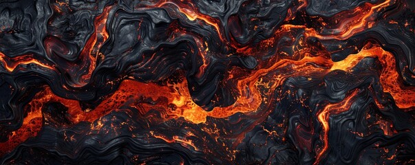 Abstract black and orange molten lava texture, flowing magma with vibrant colors. Dynamic natural patterns and geological phenomena.