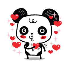 Little Panda Touching Heart , Fall in Love. Kawaii Style Cartoon