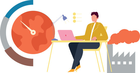 Boy working on laptop at global temperature.