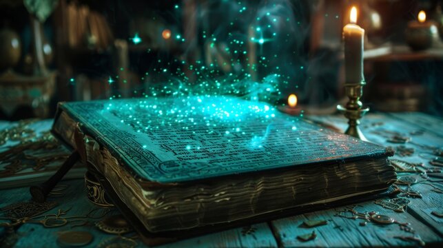 Ancient mystical book with glowing magical aura, open on wooden table next to candles in dimly lit, enchanting, old library atmosphere.