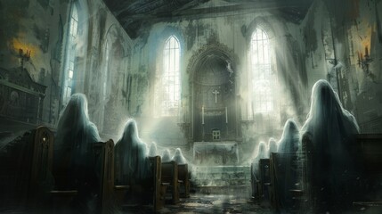 Fototapeta premium Eerie abandoned church interior with ghostly figures in pews and haunting atmosphere, illuminated by spectral light from broken stained glass windows.
