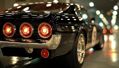 Rear view of a classic black car with taillights.