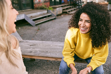 Cheerful female friends talking while sitting outdoors