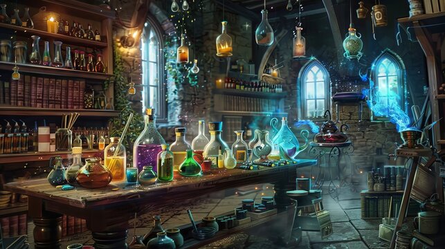Enchanting medieval alchemy lab with mystical glowing potions, ancient books, and vibrant magic elements under candlelight.