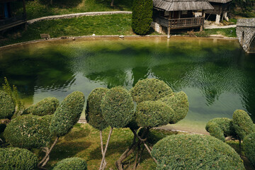 Round trimmed green bushes near the lake with clear turquoise water, top view. A small wooden house next to the river. Stanisici Ethno Village - popular tourist destination in Bosnia and Herzegovina.