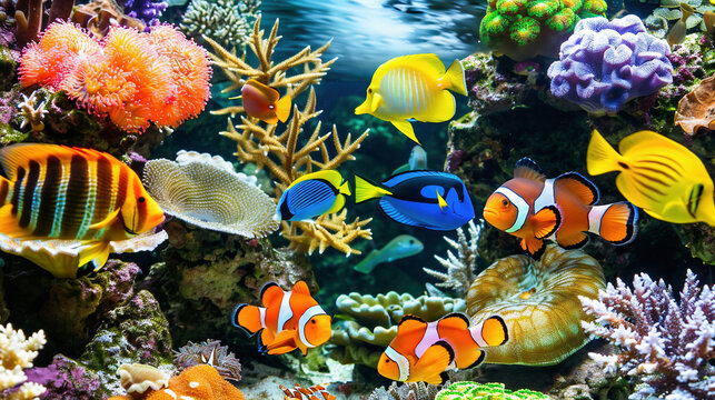 Many different species of fish swim underwater among plants and corals.