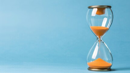 Vivid sand hourglass on blue background, excellent for incorporating lengthy text