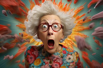 Elderly lady with glasses expressing surprise with a dynamic, colorful backdrop