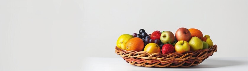 A wicker basket filled with colorful and juicylooking fruits, isolated on a white background, vibrant and fresh, perfect for healthy eating concepts