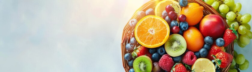 A topdown view of a basket filled with colorful fruits with light shining down