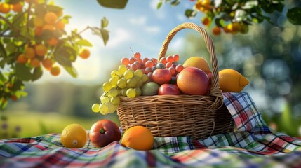 A wicker basket overflowing with fresh fruits, placed on a checkered picnic cloth, outdoor setting, sunny day, high definition, great for picnic and outdoor activity advertisements