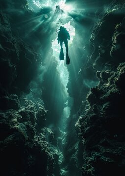 Cave Diving: A diver exploring an underwater cave, focusing on the mystery and exploration.