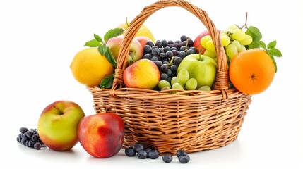 A wicker basket filled with a variety of fresh fruits, isolated on a white background with copy space, vibrant colors, high resolution, suitable for healthy lifestyle concepts