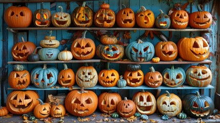 Pile of halloween jack o lanterns with sinister carved faces for festive season decoration