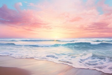 Fototapeta premium Sunset over sandy beach ocean sky landscape.