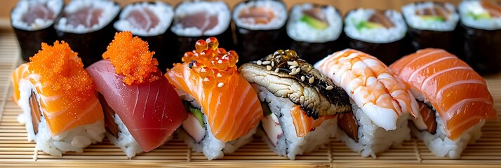 A freshly prepared sushi platter featuring a variety of rolls and sashimi, set on a traditional bamboo mat background.
