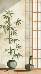 Bamboo and bonsai, natural colors, flat design, serene composition, no people