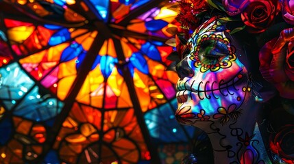 Dynamic tilted angle scene featuring an elaborate stained glass design of a Catrina, with bold, vivid hues, capturing the essence of Mexican Day of the Dead celebration