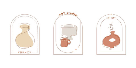 Pottery logo design templates in linear minimal style. Vector line icons for handmade ceramic studio