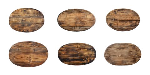Collection of oval wooden plank, blank wood sign, board, or plaque isolated on a transparent background, cut out, PNG