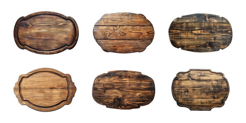 Collection of oval wooden plank, blank wood sign, board, or plaque isolated on a transparent background, cut out, PNG