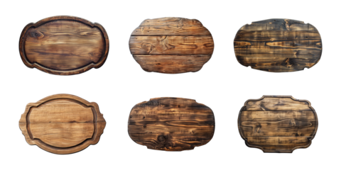 Collection of oval wooden plank, blank wood sign, board, or plaque isolated on a transparent background, cut out, PNG