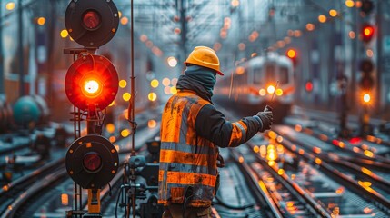  Line worker performing maintenance on railway signals. Busy train yard. 
