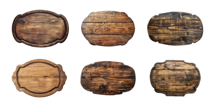 Collection of oval wooden plank, blank wood sign, board, or plaque isolated on a transparent background, cut out, PNG