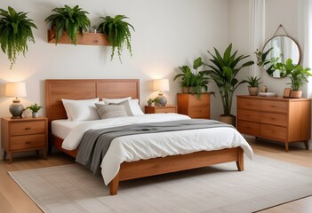 Cozy and meticulously designed bedroom featuring wooden furniture, comfortable bedding, and indoor plants enhancing the tranquil vibe