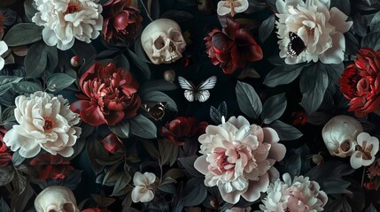 Expansive vintage wallpaper with skulls, lush peonies, and graceful butterflies, dark botanical background, seamless floral design